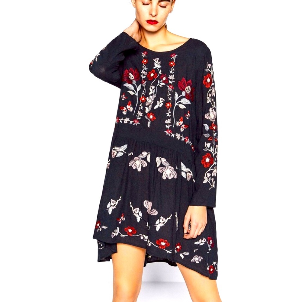 Zara Black Floral Embroidered Long-Sleeve Tunic Dress